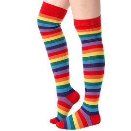 Striped Women's Socks High Knee Socks, Rainbow Red