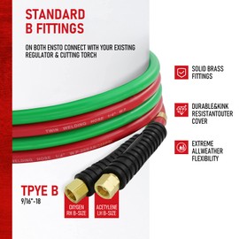 RX WELD Oxygen Acetylene Hose 1/4-Inch × 25 Feet with 9/16"-18 B fittings,Torch Hose,Grade R (25 Feet)