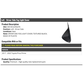 Left Driver Side Fog Light Cover - Textured Black - Compatible with 2017-2022 Toyota Prius Prime