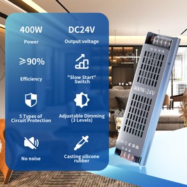 HOOLED LED Transformer DC 24 V 16.6 A 400 W Dimmable LED Power Supply Transformer with 5 Circuit Protection Modes Suitable for 220-240 V AC to DC Low Voltage 24 V