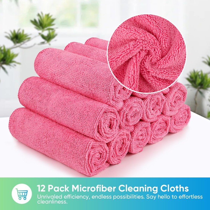 HOMEXCEL Pink Microfiber Cleaning Cloth, 12 Pack Premium Microfiber Towels