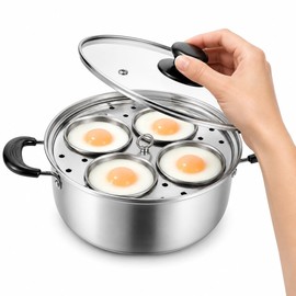 Egg Poacher Pan, Egg Poacher, Stainless Steel, 4 Cups Egg Cooker, Tempered Glass Lid, Ideal for Kitchen, Visible Cooking, All Stovetops Compatible