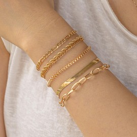 Gold Bracelets for Women, 14K Gold Plated Waterproof Bracelets for Women, Dainty Stackable Adjustable Chain Jewelry Set Perfect for Stylish Women (Bracelets B)