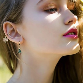 Sonateomber Christmas Tree Snowflake Dangle Drop Small Gold Hoop Earrings for Women Cute Green CZ Rhinestone Snow Xmas Holiday Earring Christmas Accessories Jewelry Gift