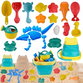 Jeackcelle Sand Toys for Kids - Beach Toys Set, 25PCS Dinosaur Beach Toys Set with Collapsible Beach Bucket, Travel Beach Toys Sand Molds, Rake, Sandbox Toys, Sand Castle Building Kit for Toddlers