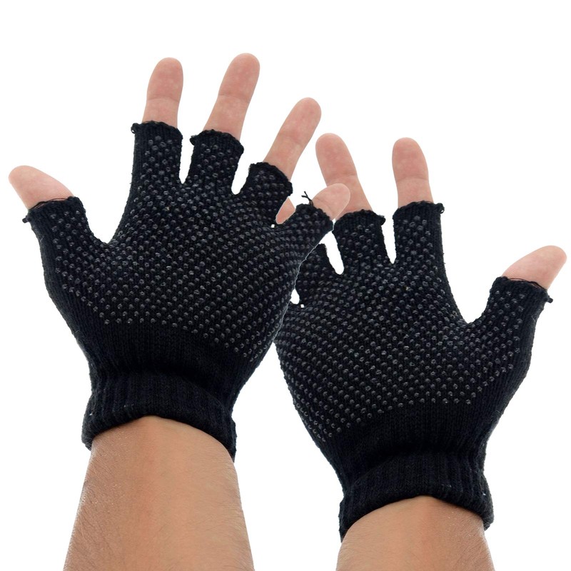 2 x Pairs Adults Black Fingerless Gripper Gloves - One