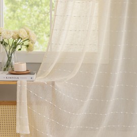 NINETREX Window Curtains Striped Dots Embellishment, Blended Linen Look Sheer Curtains, Home Dress Durtains For Living Room, Protect Privacy Fecoration, Set Of Rods, 2-piece Set (52" W x 63" L,Cream)