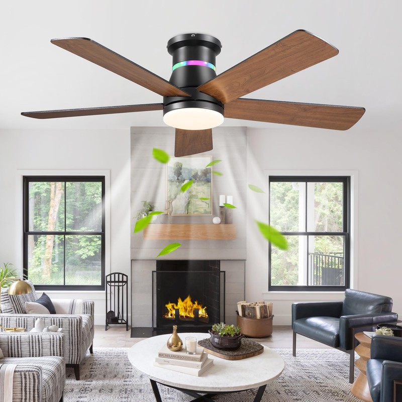 Ceiling Fans with RGB Lights -48” Brown Flush Mount Ceiling