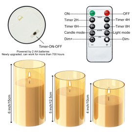 3-Pack Acrylic Flameless Candles with Remote & Timer, Dimmable Flickering LED Pillar Candles, Real Wax Teardrop Wick, Battery Operated for Wedding, Home, Valentines & Romantic Mood Decoration - Gold