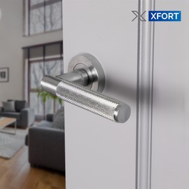 XFORT Titan Lever on Rose Door Handles, Knurled Lever Latch Door Handle, Internal Door Handle Sets for Interior Wooden Doors, Interior Door Handles for Home & Office – Satin Chrome