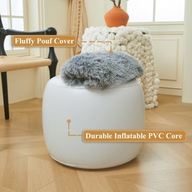 XeGe Fluffy Faux Fur Inflatable Pouf Ottoman, Soft Portable Shaggy Fuzzy Foot Stool, Gray Plush Furry Foot Rest Floor Pouf, Round Ottoman Cushion Living Room Bedroom Patio Dorm Desk, Light Grey