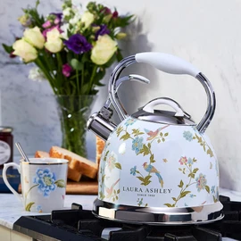 Laura Ashley Elveden White Stovetop Kettle with Whistle - 2.5L Fast Boil Stainless Steel Kettle Stove Top - Silicon Coated Cool Handle Camping Kettle for Gas, Induction Hob - Compatible with Aga Stove