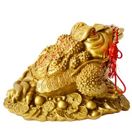 Brass Feng Shui Money Frog Three Legged Wealth Traditional Frog Money Toad Statue with Set of 5 Lucky Charm Ancient Coins on Red String Home Car Fengshui Decor (B1 Money Frog)
