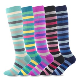 Linghe 5 Pairs Compression Stockings for Women, Support Stockings, Thrombosis Stockings, High Women, are the Best Support for Sports, Running, Pregnant Women, Colour strips.