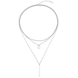 LEGITTA Women's Layered Necklace with Round Plate and Bar Pendant Delicate Multi-Row Titanium Nickel-Free, Stainless Steel, Silver