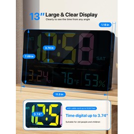 MASHI Digital Clock, 13" Large Display Digital Wall Clock, Adjustable Brightness Calendar Clock with Day and Date,DST,Alarms,Humidity,Temperature for Desk,Wall Mounted (Black Case Color Light)