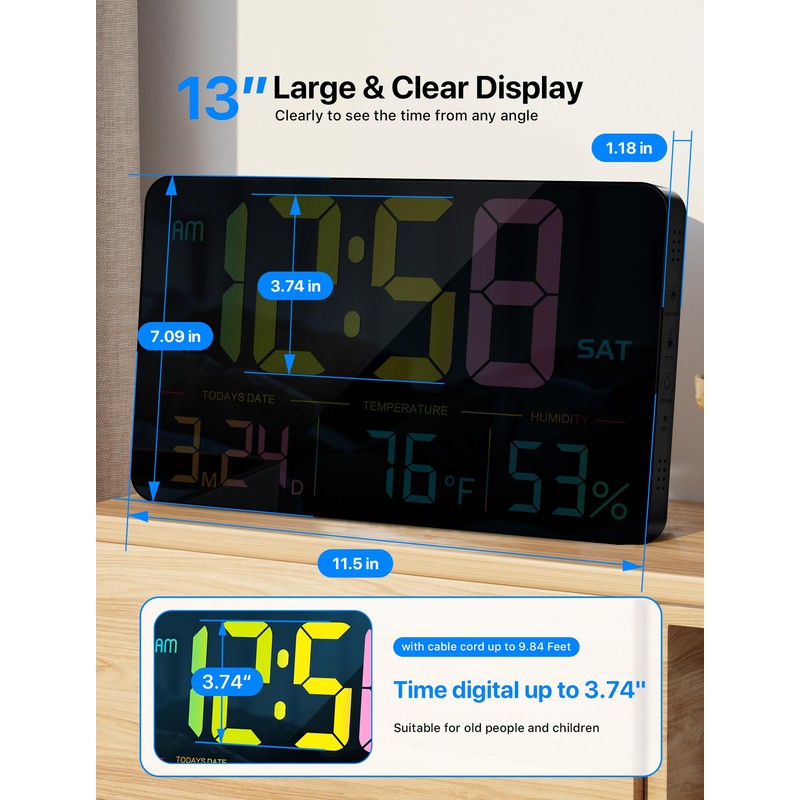 MASHI Digital Clock, 13" Large Display Digital Wall Clock, Adjustable