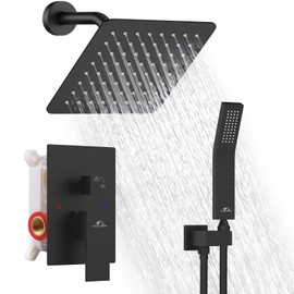 Shower System Rainfall Shower Faucets Set Matte Black, 8 Inch Wall Mounted Rain Shower Head with Handheld Spray Shower Valve and Trim Included