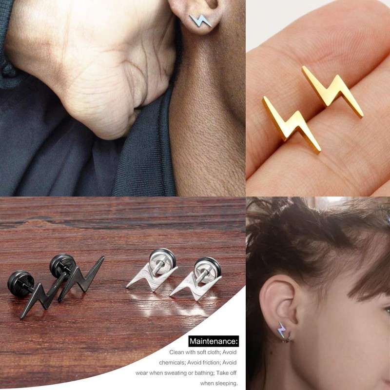 Screw Flat Back Black Lightning Bolt Stud Earrings for Women