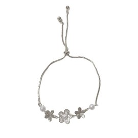 Kokoma Triple Plum Blossom Bracelet for Women Cubic Zirconia Pearl Floral Link Chain Adjustable Layered Stacking Bracelet Dainty Hand Jewelry (Silver)