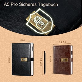 Vintage Diary with Lock, 256 Pages Leather Diary with Lock Back Embossing, Hardcover Closed Journal with Pen, 7 x 9 Inch Lockable Journal for Adults, Women, Men, Black