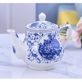 123Arts Teapot, Blue and White Teapot, Ceramic Tea Pot, Tea Pot for Home Office, 26 Oz