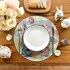 Artoid Mode Easter Round Placemats Set of 4, 14 Inch Colored Bunny Eggs Gnomes Spring Round Table Mats for Easter Party Kitchen Dining Decoration