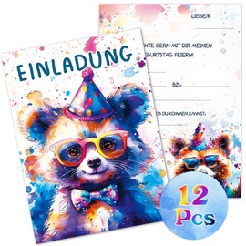 oumuik 12 x Invitation Cards Children's Birthday Girls & Boys Birthday Invitations Cute Watercolour Bear Greeting Card with Colourful Glitter Lacquer School/Birthday/Party/Invitation
