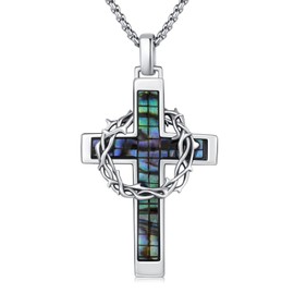 YYmqmq Crown of Thorns Necklace for Men Women 925 Sterling Silver Blue Opal Cross Pendant Crucifix Necklace Catholic Jewelry Gifts for Boyfriend Girlfriend