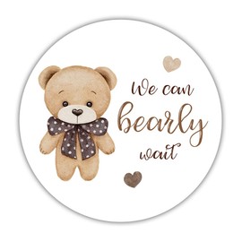We can bearly wait stickers, 2 inches - Teddy bear baby shower stickers, 40 stickers (Brown)