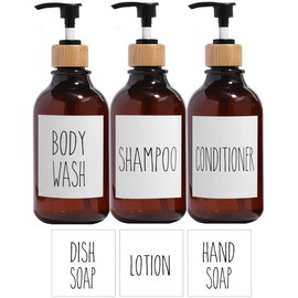Shampoo and Conditioner Dispenser-Set of 3-16 oz Reusable Pump Bottle Dispenser for Bathroom with 6 Waterproof Stickers - Empty Plastic Refillable Containers for Shower(Brown)