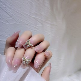 24 Pcs Nail Tips, Golden Ribbon, Pearl, Pink, Quinceanera Nail