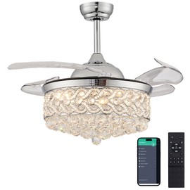 DuMaiWay 36" Dimmable Ceiling Fan Chandelier with Lights and Remote, Fandelier, Crystal Ceiling Fan Retractable Invisible Blade LED Lighting for Bedroom Living Room 6 Speed Chrome
