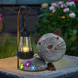 Glintoper Solar Garden Statue Cat Figurine with Lantern, Outdoor Metal Kitten Whimsical Lawn Porch Yard Art, Mothers Day Ideal Gifts, Lighted Ornaments for Patio Pathway Yard Decoration