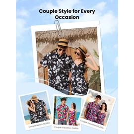 PATPAT Matching Hawaiian Outfits for Couples Beach Vacation Tropical Print Women Spaghetti Strap Dress, Men Cruise Shirt, Midnight Black, Medium