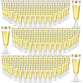 300 Pcs Plastic Champagne Flutes Bulk, 4.5 oz Clear Disposable Champagne Flutes, Rimmed Toasting Champagne Glasses for Wedding Birthday Anniversary Celebration Party Wine (Gold Rim)