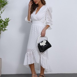 White Eyelet Dress Church for Women 2025 High Low V Neck Long Maxi Short Sleeve Boho Spring Summer Easter Bridal Shower Dresses for Guest