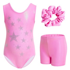 Gogokids Girls' Three Piece Gymnastics Set, Sleeveless Leotard with Shorts and Headband, Ballet Dancing Leotard Gymnastics Outfit with Sparkling for Girls, Sleeveless Jerseys for 3-12 Years, rose star