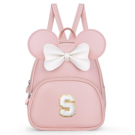 QLOVEA Backpack for Girls Kids Toddler, Bookbag for Teen Girl Kids Birthday Gifts, School Backpack for Girls with Cute Bow, Initial Pink S