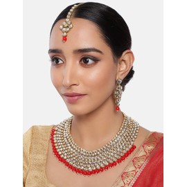 Aheli Kundan Pearl Layered Long Necklace Set with Earring Maang Tikka Indian Traditional Jewelry Gift for Women Red