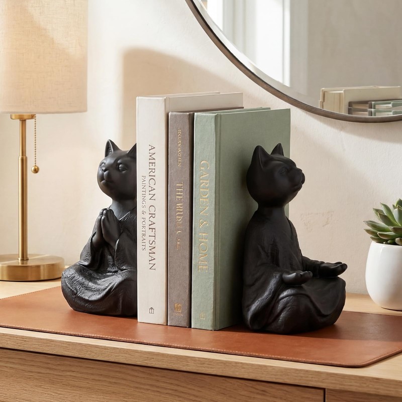 Meditating Cat Bookends, Zen Style Decorative Cat Statue Bookends, Heavy