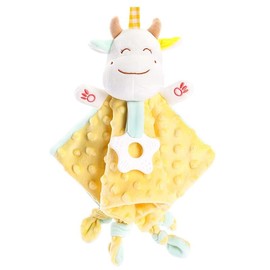 Manta de Apego para Bebé KOSMOX con Sonajas, Manta de Becerro, Juguetes para Bebé de 0 a 6 Meses con Mordedera de Silicona y Etiquetas (Becerro-Amarillo)