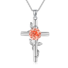 Carnation Cross Necklace for Women 925 Sterling Silver January Birth Flowers Necklaces for Women Religious Birthday Jewellery Gifts for Girls Mother, Sterling Silver