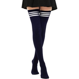 DRESHOW Women's Extra Long Socks Over Knee Socks Overknee Stockings Long Striped Socks Casual High Boat Stockings, 1 x extra-l stripes, 3wh navy