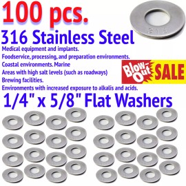 KG USA 1/4" x 5/8" Flat Washers 316 Stainless Steel - 100 pcs