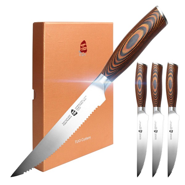 TUO Fiery Phoenix Series 4-Piece Serrated Steak Knife Set, Blade Length 12.7 cm, Professional Steak Knife Made of German Stainless Steel, Ultra Sharp Table Knife with Serrated Edge and Pakka Wood