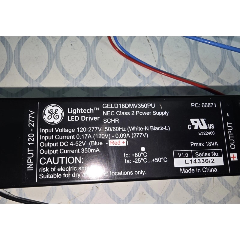 GE LIGHTECH LED DRIVER GELD18DMV350PU CLASS 2 POWER SUPPLY 120/277V