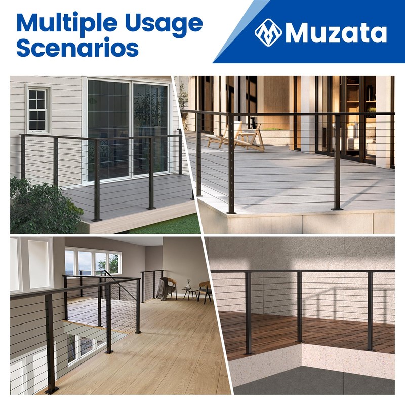 Muzata Black Corner Cable Railing Post 42 Inch 42"x2"x2" T-drilled