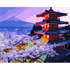 Meecaa Paint by Numbers Temple Mount Fuji Peach Blossom Kit for Adults Beginner DIY Oil Painting 16x20 inch (Pavilion, No Frame)