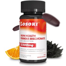Losoki Iron Bisglycinate 20 mg with Vitamin C, B12 American Ginseng & Probiotics, Gentle on The Stomach， Supports Energy & Iron Deficiency - Non GMO, 60 Tablets
